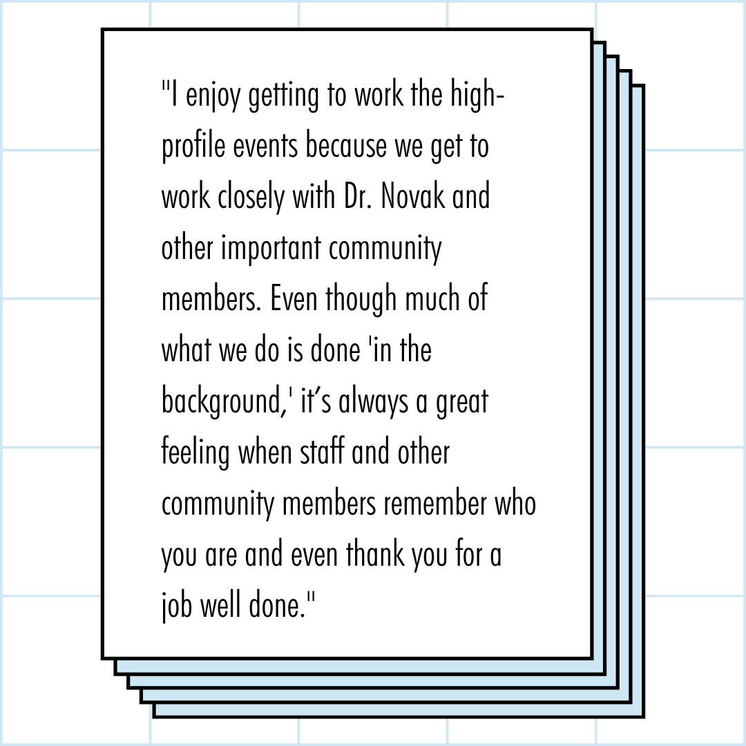 Our first student worker highlight of 2023's National Student Employment Week is a familiar face for many on campus: Abby Ryan! Abby is a senior working in the Student Activities office, and her favorite part of her job is assisting in the planning and set-up of events on campus.