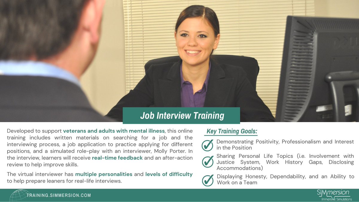 SIMmersion_PR's tweet image. Finding a job can be challenging, but with practice, you can improve your #interview skills and feel more confident and prepared for your next job interview. Molly is great for #veterans and adults with mental illness.  #interviewtraining