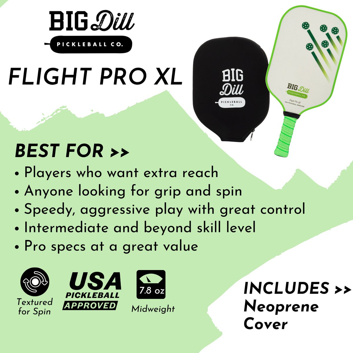 JUST LAUNCHED: 🚀The Flight Pro XL is an elongated #pickleball paddle for fun (and wins). It has a large sweet spot with great control and a rough fiberglass surface. Feel (and see) the power core and comfortable 5" long handle. 
⚡️ Available ONLY at bigdillpickleballcompany.com/collections/bi… ⚡️