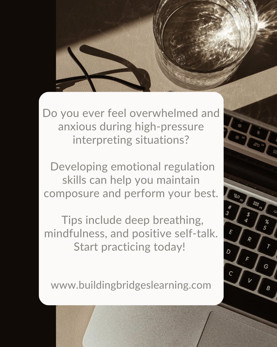 slwheeler81's tweet image. Developing emotional regulation skills can help you maintain composure and perform your best. Tips include deep breathing, mindfulness, and positive self-talk. Start practicing today! #InterpretingTips #EmotionalIntelligence #ProfessionalDevelopment