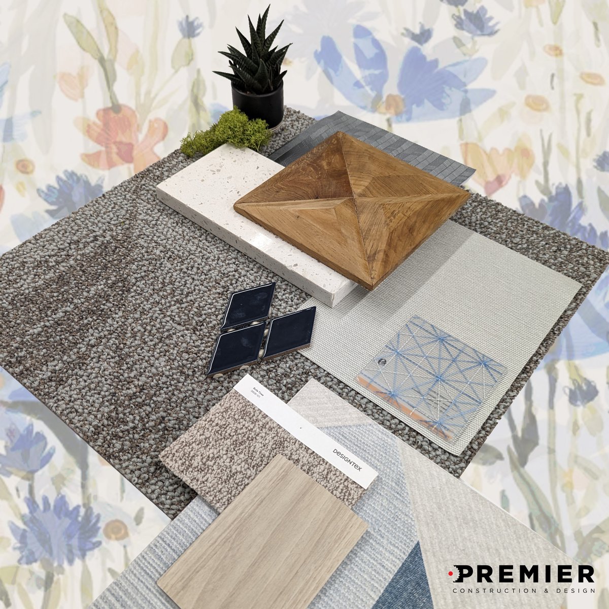 Our April Palette of the Month welcomes spring with beautiful blues and gorgeous geometrics, featuring products from: Fashion Stacked Wood, @3Form, Virginia Tile, @designtex_inc, <a href="/Wilsonart/">Wilsonart</a>, and <a href="/momtex/">Momentum Group</a>. #PaletteOfTheMonth #DesignPalette