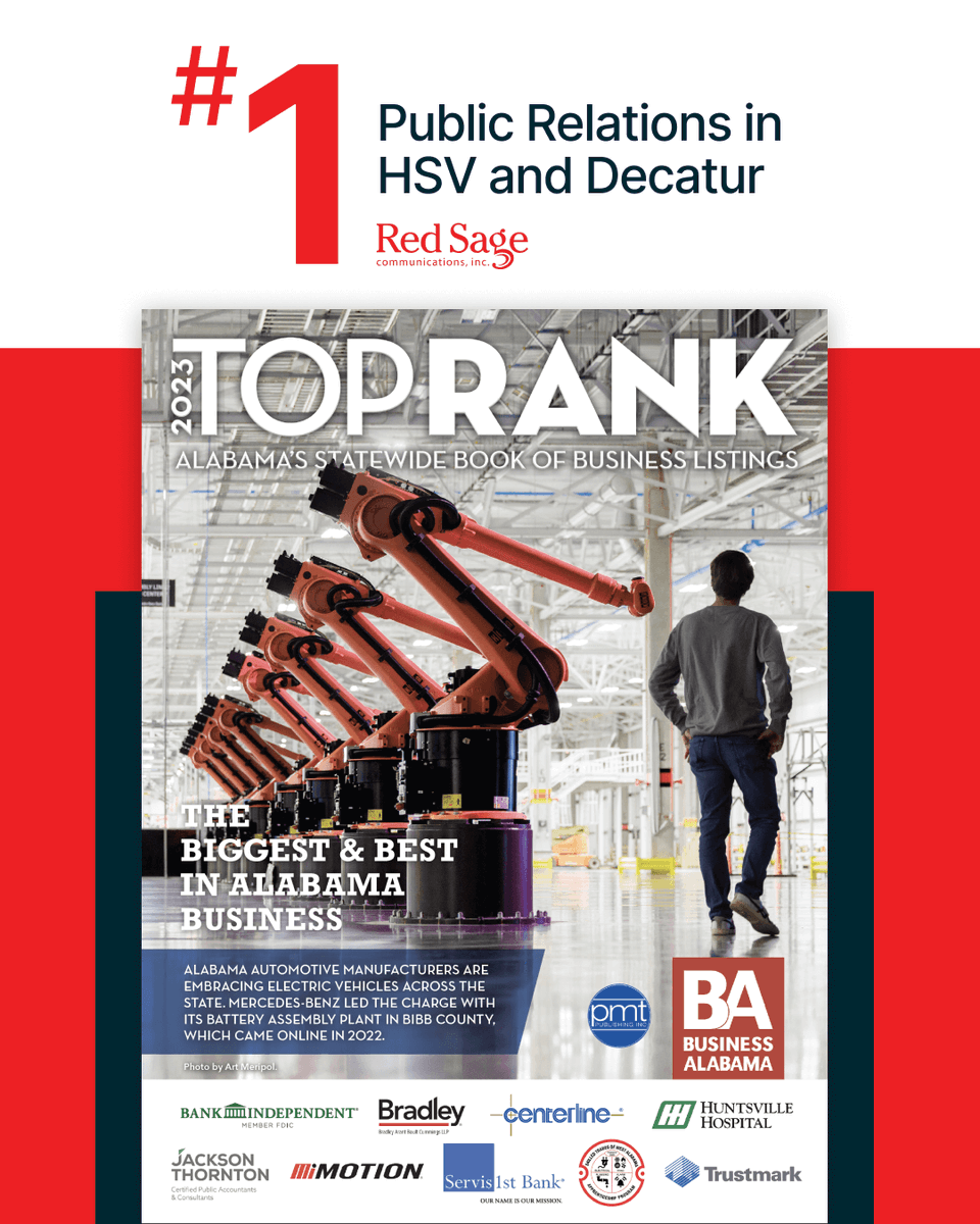 RedSageAL's tweet image. We have been named the TOP Public Relations Agency in HSV and Decatur by @BusinessAlabama's 2023 Top Rank! ⭐

Every year we look forward to seeing local Alabama businesses showcased.  It is clear that our state is thriving!

#Huntsville #HSV #DecaturAL #NorthAlabama
