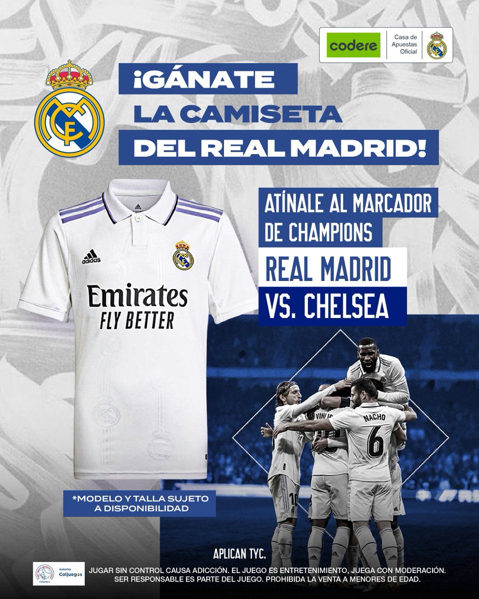 CodereCO's tweet photo. ¡Gánate la camiseta del Real Madrid! 👕🔥⚽️😎

*Sigue a Codereco
*Escribe el marcador que consideres
*Tener tu cuenta activa en Codere (si no, abrir una)
*Da RT
*El que acierte gana, si varios aciertan, se define por sorteo.

----> Aplican TYC https://t.co/yJRxmeDIjw