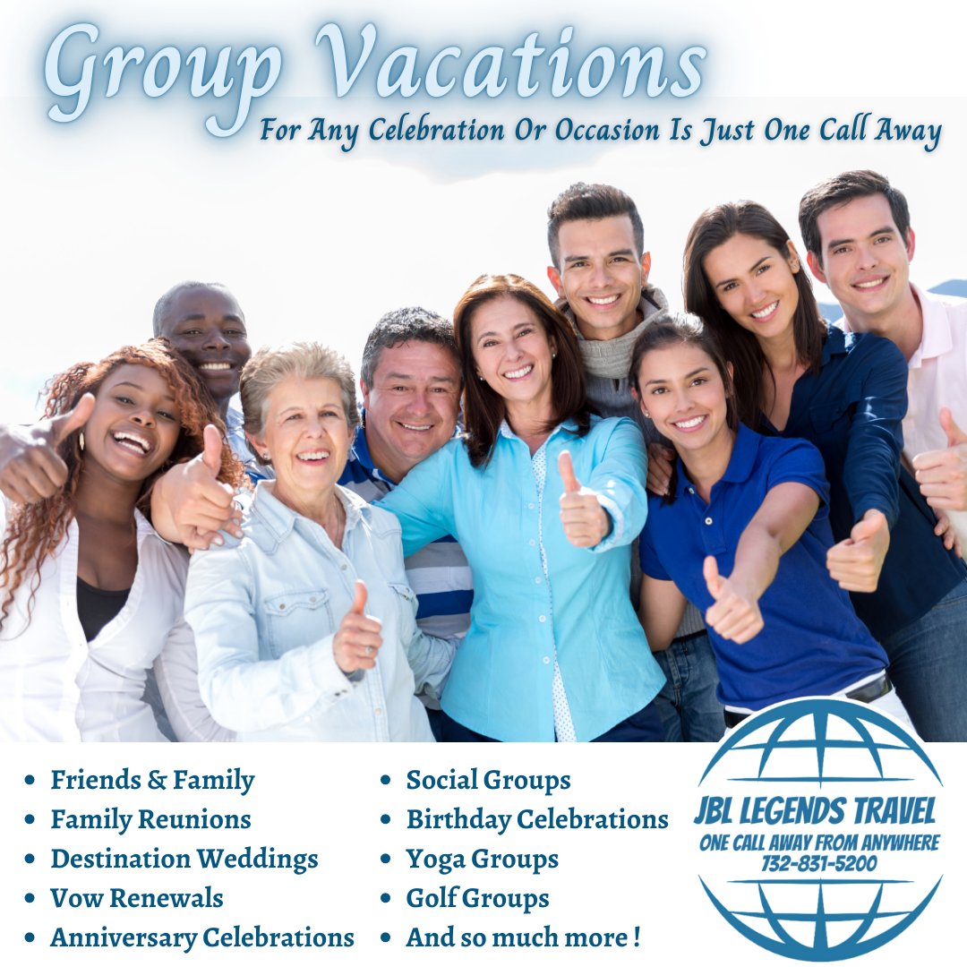 Have you been thinking about putting together a #groupgetaway ?
Call #jbllegendstravel today and #explore all your options for #cruises and #allinclusiveresorts the #perfectvacation for your group is just #onecallawayfromanywhere