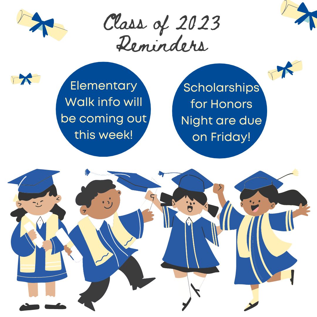 SENIORS! A few reminders for this week: 

Elementary walk info will be distributed this week during Bearcat Time (Wednesday). 

Also, please remember that any scholarships you want to be recognized for on Honors Night must be submitted to the counseling office by this Friday!