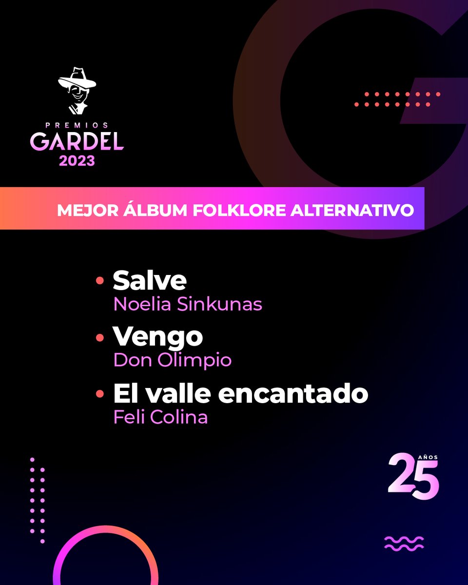 Las nominaciones para 🏆 Mejor Álbum de Folklore Alternativo de los #25AñosGardel son:
👉🏻 Vengo - <a href="/DonOlimpio/">Don Olimpio</a>
👉🏻 El valle encantado - <a href="/FeliColina_/">Feli Colina</a>
👉🏻 Salve - <a href="/noesink/">Noelia Sinkunas</a>
