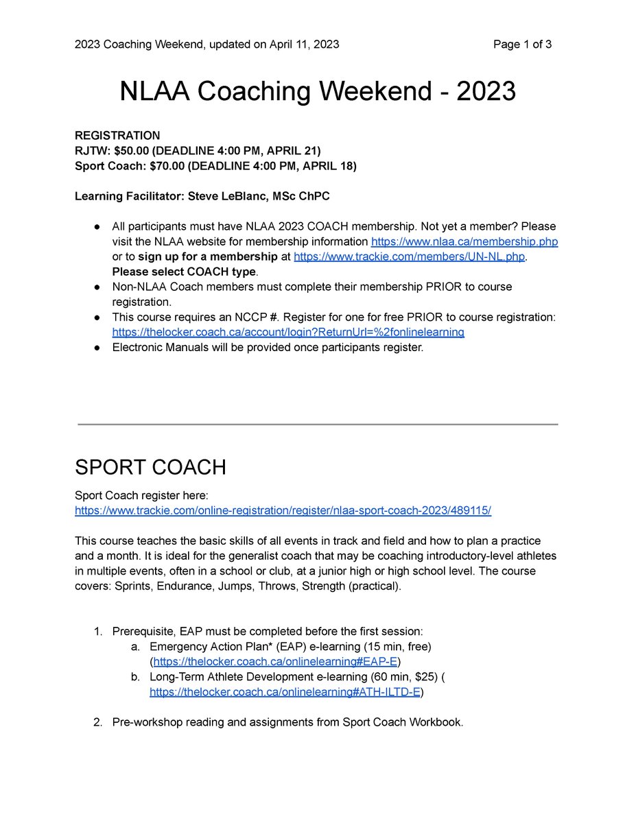 NLAthletics's tweet photo. NLAA COACHNING WEEKEND - APRIL 2023
Registration is now open for ATHLETICS NCCP SPORT COACH and RUN-JUMP-THROW-WHEEL Athletics Leader

For more information and to register, please visit: 
https://t.co/SLvJQKWXpy @NLESDCA #NLTeachers #NLSchools https://t.co/dAk9w4q243