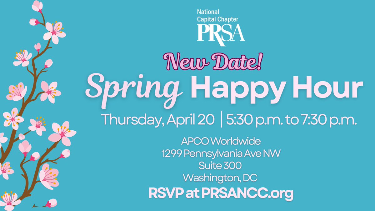 PRSA_NCC's tweet photo. Rain may have dampened our plans, but we're back on track for our Spring Happy Hour on April 20th at @apcoworldwide ! Join us for drinks, networking, and fun!🥳 #PRSANCC #PRTips #DCEvents #DCHappyHour #RainCantStopUs https://t.co/R9uF1QPYPE
