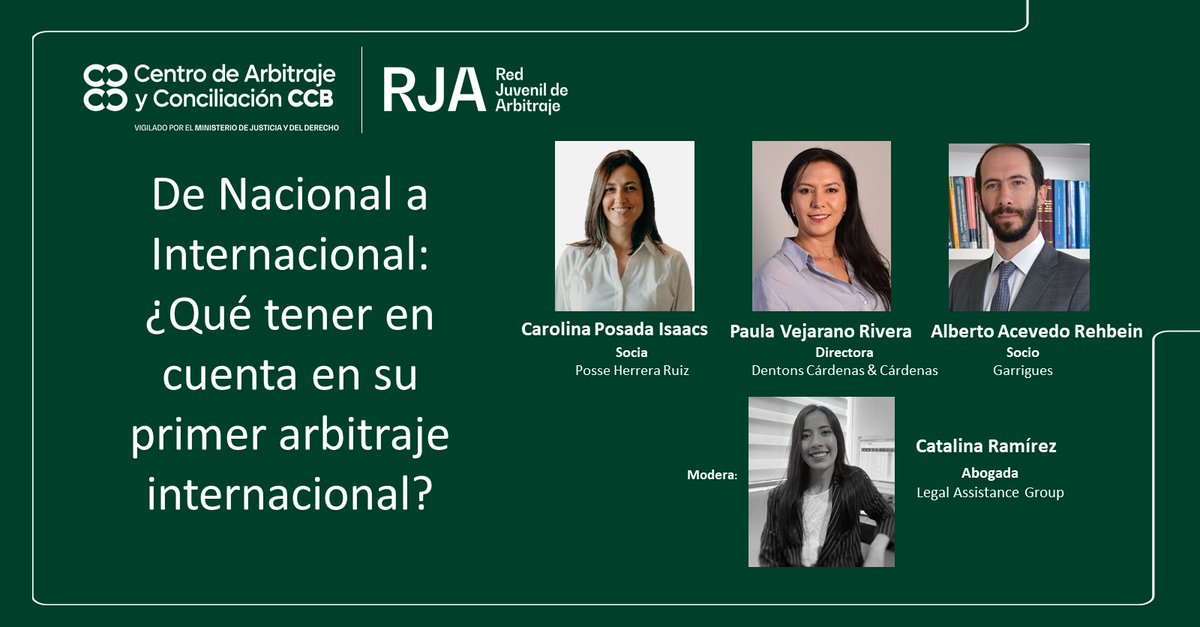 LegalagOficial's tweet photo. Cordialmente invitados al IV Congreso de la Red Juvenil de Arbitraje que se llevará a cabo el 20 de abril de 2023 en Bogotá, dónde participará como moderadora nuestra abogada @CatRamirezV ¡Imperdible!

Inscríbete: https://t.co/NKjcP6OFfO https://t.co/CsAkyNfASW