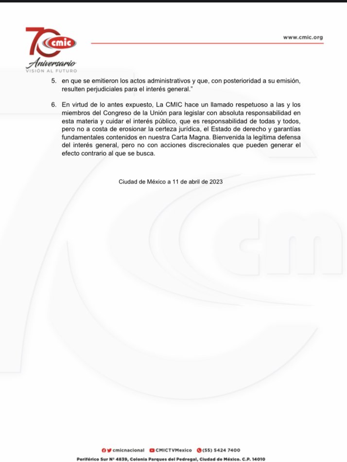 cmicnacional's tweet photo. "Cuidemos el interés público con certeza legal, no con poderes discrecionales de la autoridad en materia administrativa".
Posicionamiento de la CMIC sobre la iniciativa para reformar diversas disposiciones en materia administrativa, turnadas al Congreso el pasado 24 de marzo. https://t.co/oEvGGRZ6U2