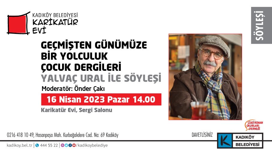 Değerli Gazeteci Yazar Yalvaç Ural 
16 Nisan Pazar 14.00’da “Geçmişten Günümüze Bir Yolculuk: Çocuk Dergileri” sergimize özel keyifli söyleşisi ile bizlerle💫 <a href="/YalvacUral/">Yalvaç Ural</a> <a href="/kadikoybelediye/">Kadıköy Belediyesi</a>