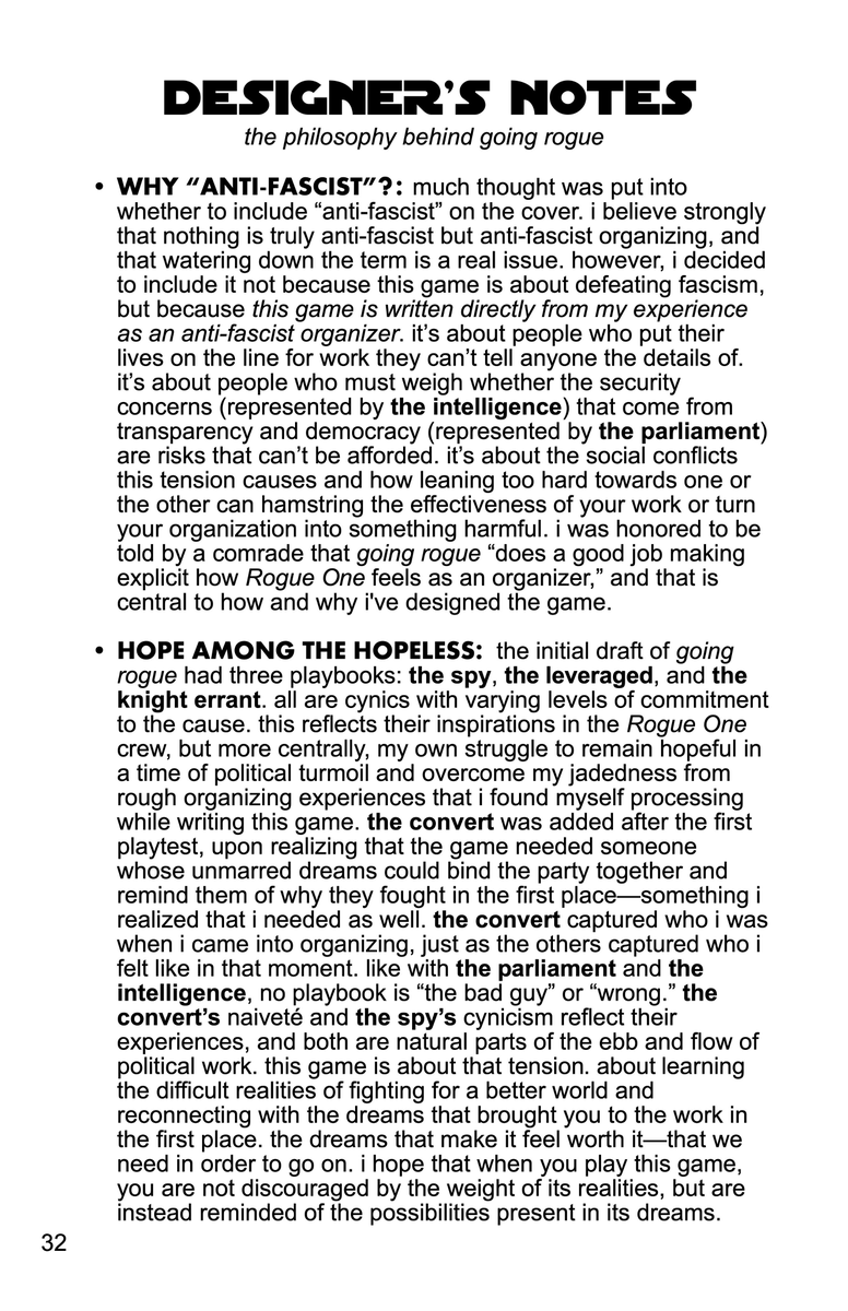 jessfromonline's tweet photo. a few core themes run through #gr2e:
- how do we fight cynicism with hope?
- when must we deliberate, and when must we act?
- when must we sacrifice, and when must we live?
& i include some designer's notes, like this one abt the choice to call going rogue an "anti-fascist" game https://t.co/bumRy1vvjU