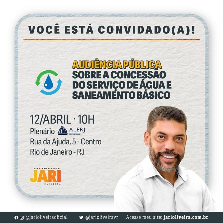 PSB_RJ's tweet photo. Temas dos mais importantes para a saúde e a qualidade de vida, os serviços de abastecimento de água e saneamento básico serão debatidos nesta quarta-feira, na Alerj.
A Comissão de Saneamento Ambiental é presidida pelo nosso Deputado Estadual @jarioliveiravr.
Vamos participar. https://t.co/A69HyZcJmc