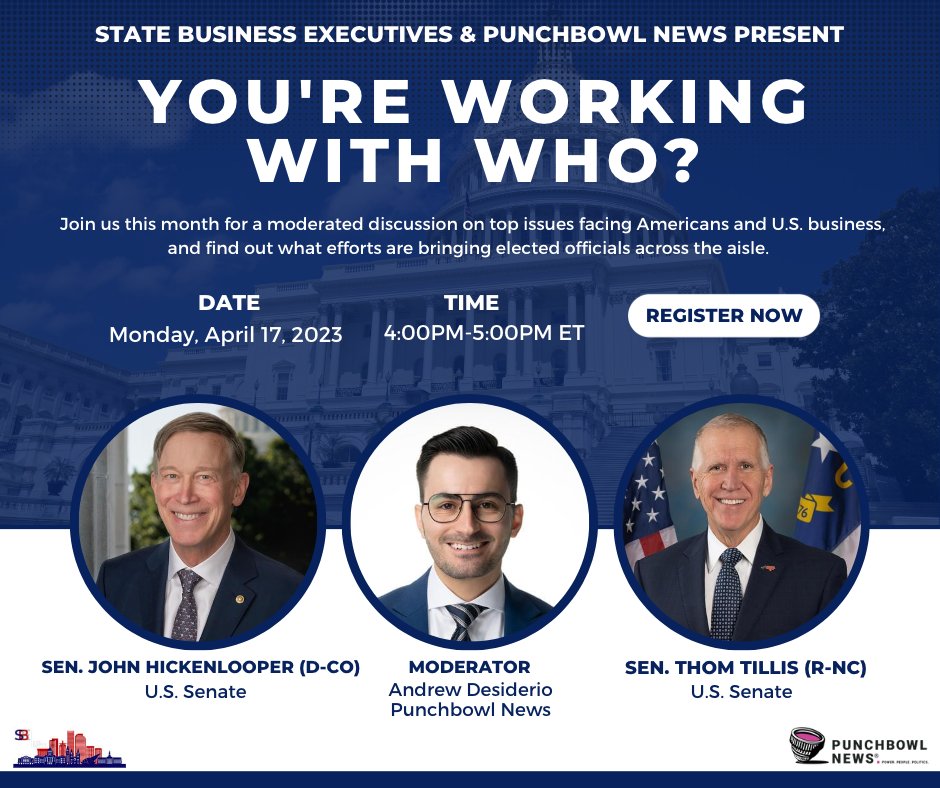 StateBizExecs's tweet photo. Join us Monday, April 17th w/ @PunchbowlNews for a moderated discussion w/ @SenThomTillis (R-NC) &amp; @SenatorHick (D-CO) on top issues facing Americans &amp; U.S. #business, &amp; find out what efforts are bringing elected officials across the aisle. Register HERE: https://t.co/twqNUO58Bt https://t.co/E1QM7t8S05