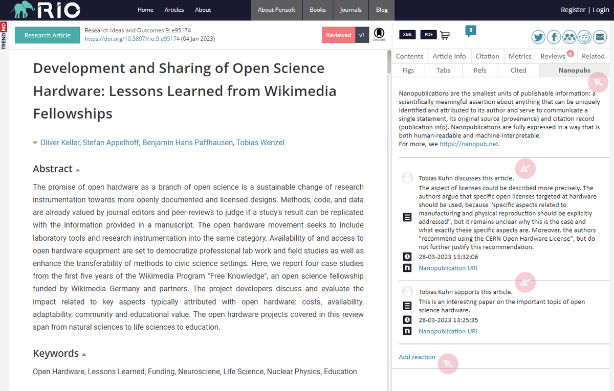 RIO Journal (@riojournal) on Twitter photo 🆕<a href="/k8pixels/">Knowledge Pixels (@knowledgepixels@mstdn.social)</a> & <a href="/Pensoft/">Pensoft</a> let anyone on <a href="/ORCID_Org/">ORCID Organization</a> add, link & display #nanopublications to any paper in our #journal!
💡#Nanopubs: scientifically meaningful assertions made machine-actionable & -interpretable with the CiTO ontology.
<a href="/nanopub_org/">Nanopublications (@nanopub@mas.to)</a> #OpenScience #AcademicTwitter 🆕<a href="/k8pixels/">Knowledge Pixels (@knowledgepixels@mstdn.social)</a> & <a href="/Pensoft/">Pensoft</a> let anyone on <a href="/ORCID_Org/">ORCID Organization</a> add, link & display #nanopublications to any paper in our #journal!
💡#Nanopubs: scientifically meaningful assertions made machine-actionable & -interpretable with the CiTO ontology.
<a href="/nanopub_org/">Nanopublications (@nanopub@mas.to)</a> #OpenScience #AcademicTwitter