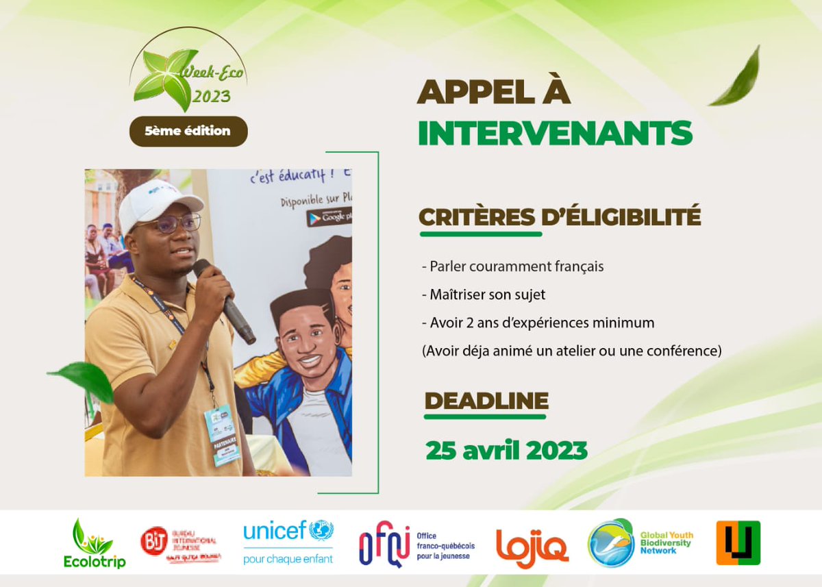 ecolotriporg's tweet photo. Souhaitez-vous partager vos connaissances avec un public intéressé ? Nous recherchons des intervenants passionnés pour contribuer à la réussite de la #weekeco2023. 👇🏿 https://t.co/P3iiaQk7QH