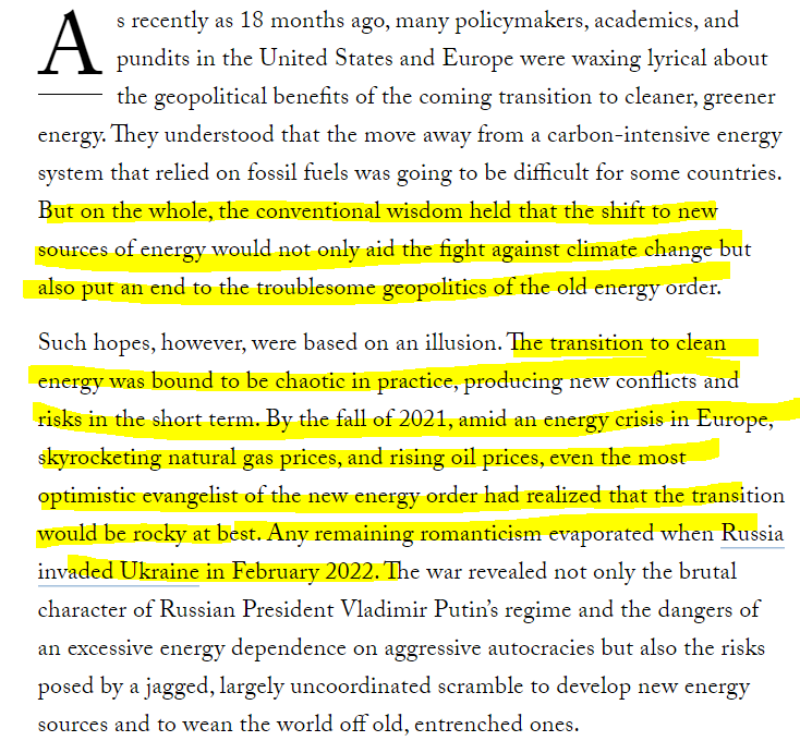 Incredible articulation of the moving parts of a global clean energy transition @JasonBordoff @OSullivanMeghan 

Many thought transition would be smooth and rid us of tough geopolitics, but the transition was always bound to be rocky. Last 18mos emphasized that.

Key takeaways 🧵