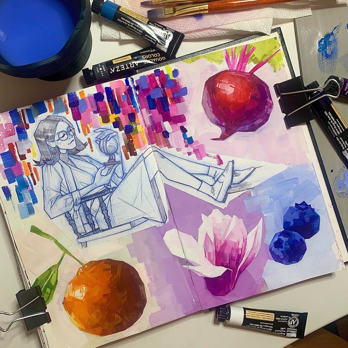 claudialawdraws's tweet photo. Learning gouache. I've always preferred watercolor since it's so travel friendly, but a new challenge is always refreshing.😄 #sketchbook #gouache #figurestudy #stillmanandbirn #arteza https://t.co/YapPsLGpSj