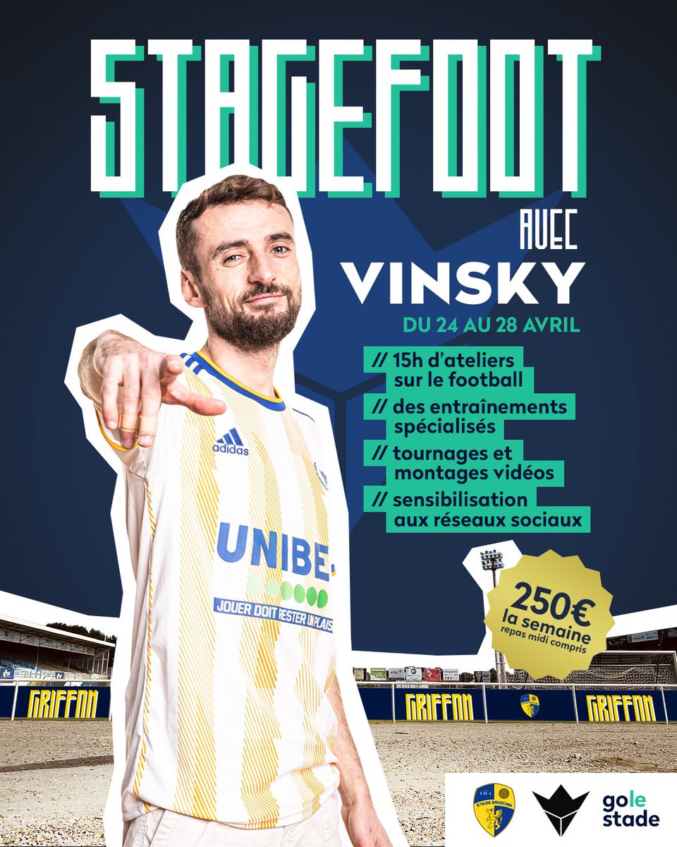 StadeBriochin's tweet photo. 🔥 #StadeBriochin X @viinsky360
Du 24 au 28 avril prochain venez participer à un stage foot en compagnie du célèbre Youtubeur aux 1,4M d’abonnés : Vinsky !
#golestade #vinsky https://t.co/aEsrg5LaPs