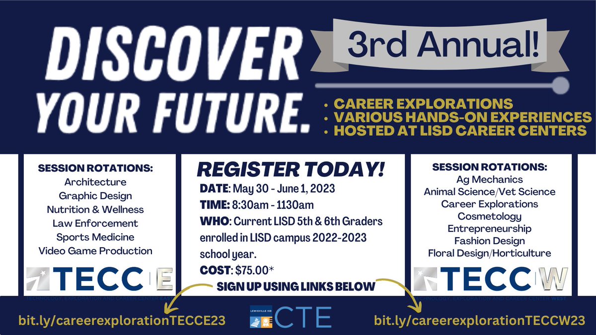 🚨🚨 Registration is now open for the 3rd Annual <a href="/LewisvilleISD/">Lewisville ISD</a> Career Exploration Summer camp hosted <a href="/TECCeast/">TECC East</a> &amp; <a href="/TECCwest/">TECC West</a>! Ss are invited to explore various careers through hands-on learning experiences! 

👉 Learn more &amp; register here: bit.ly/CTE23camp