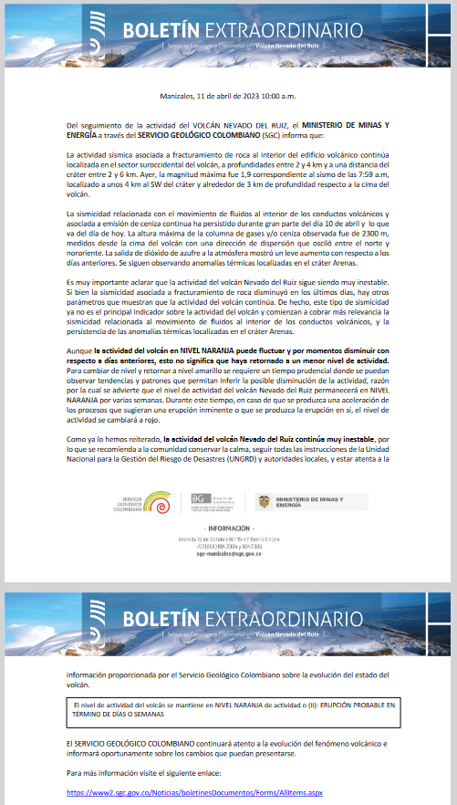 sgcol's tweet photo. Boletín extraordinario de actividad del volcán Nevado del Ruiz 11 de abril de 2023 10:00 a.m.
https://t.co/eFOJJgfTYa
#SGCVolcanes https://t.co/nc5KQrUCuP