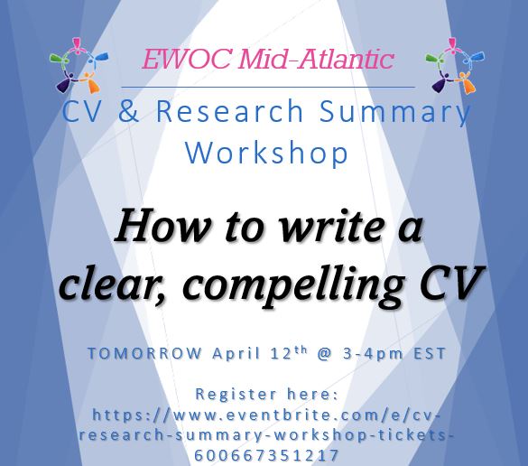 Join us TOMORROW to learn more about writing a clear and compelling CV and Research Summary! 

Pre-submit Questions: surveymonkey.com/r/WYNV6ZB

Register here: eventbrite.com/e/cv-research-…