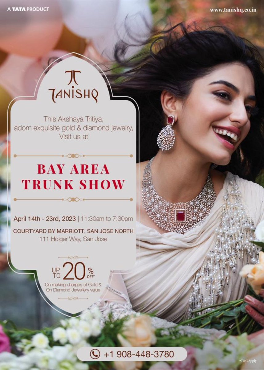 TataAmericas's tweet photo. We are excited to announce that #Tanishq will be having their first ever California Trunk Show! The Trunk Show will run April 14th to April 23rd at the Courtyard by Marriott, 111 Holger Way, San Jose. There will be an extensive lineup of their beautiful pieces for all to enjoy! https://t.co/43R0hDMQ0l