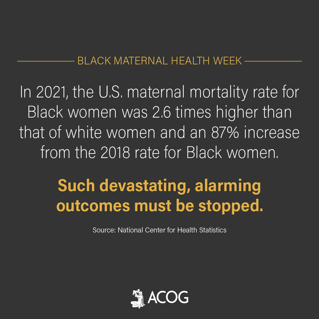 Black people face a worsening maternal mortality crisis. Eliminating preventable maternal mortality and addressing racial health disparities are top priorities for ACOG. We’re proud to sponsor #BlackMaternalHealthWeek. Learn more: bit.ly/3GxOpDv #BMHW23 #BlackMamasMatter