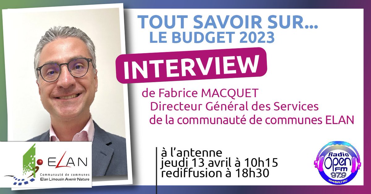 CCElan87's tweet photo. ➡️ Jeudi 13 avril, Fabrice Macquet, le DGS de la @CCElan87 sera sur les ondes de @radioopenfm pour vous parler du budget 2023 ! https://t.co/kIz2IfNMuR