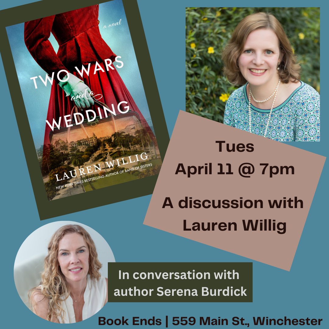 Lauren Willig (@laurenwillig) on Twitter photo Hello, Boston friends! See you tonight at 7pm at <a href="/BookEndsWin/">Book Ends Winchester</a> with <a href="/SerenaBurdick/">Serena Burdick</a> ! Hello, Boston friends! See you tonight at 7pm at <a href="/BookEndsWin/">Book Ends Winchester</a> with <a href="/SerenaBurdick/">Serena Burdick</a> !