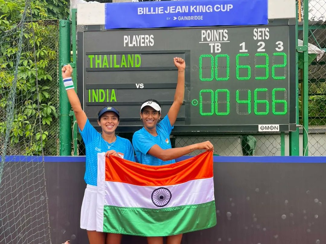 AITA__Tennis's tweet photo. Aces , Smashes and pure Determination - that's what it takes to win ....🇮🇳❤️🎾 

The sound of victory - the cheers of team India after the successful day 1 at BJK_Cup...✅ 

India beats Thailand 2-1

#BJK_Cup #Asia_Oceania #Group_I #team_india🇮🇳❤️ https://t.co/4gMU91au3y