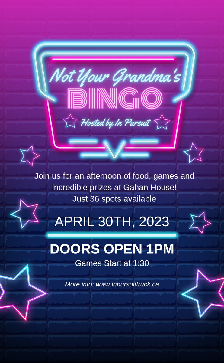Ready for some fun? We're hosting BINGO!! Join us April 30th at 1pm at <a href="/GahanSaintJohn/">Gahan Port City</a> - ticket price includes food from the Gahan team, Bingo cards &amp; your chance at $300++ in prizes! Started with 36 tickets, now just 25 available! 

inpursuittruck.ca/collections/ne…