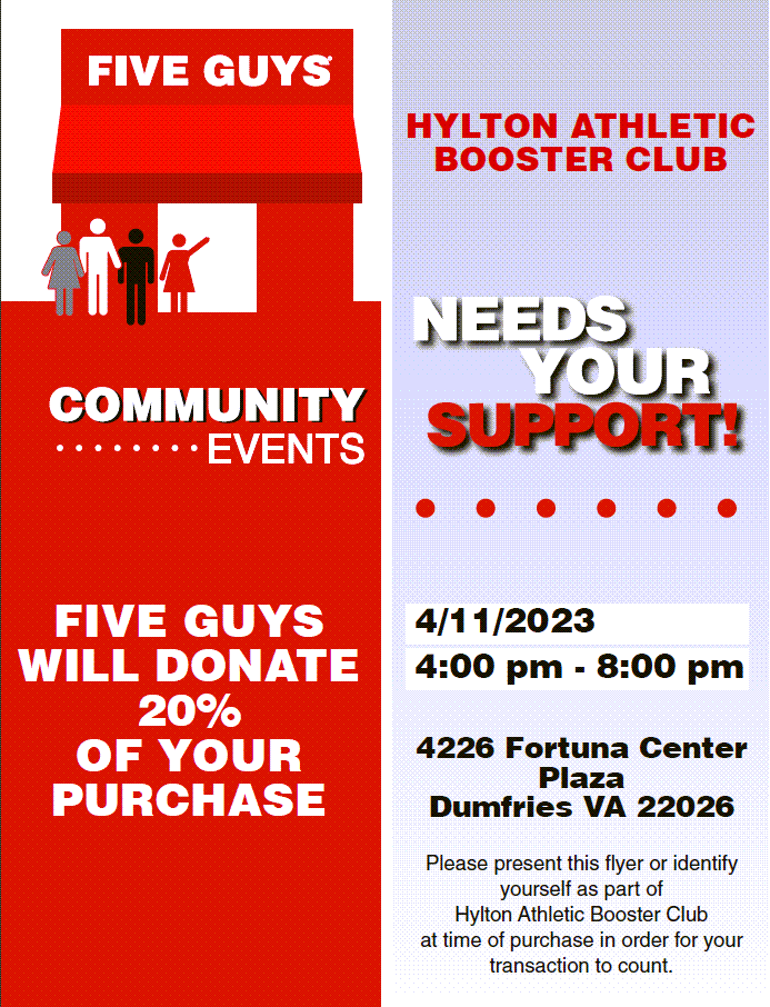 CDHyltonBooster's tweet photo. Don't forget to stop by Five Guys for dinner tonight between 4pm and 8pm!  Support the C.D Hylton Athletic Boosters! https://t.co/frmm3iIano