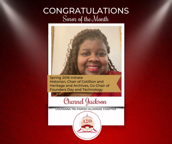 LTPDST's tweet image. Charnel Jackson, a Spring 2016 initiate of LTP is being recognized as Soror of the Month. She exemplifies characteristics of effective leadership &amp;amp; sisterhood, goes above &amp;amp; beyond, demonstrates creativity, &amp;amp; continues to play a key role in supporting members, programs, &amp;amp; events!