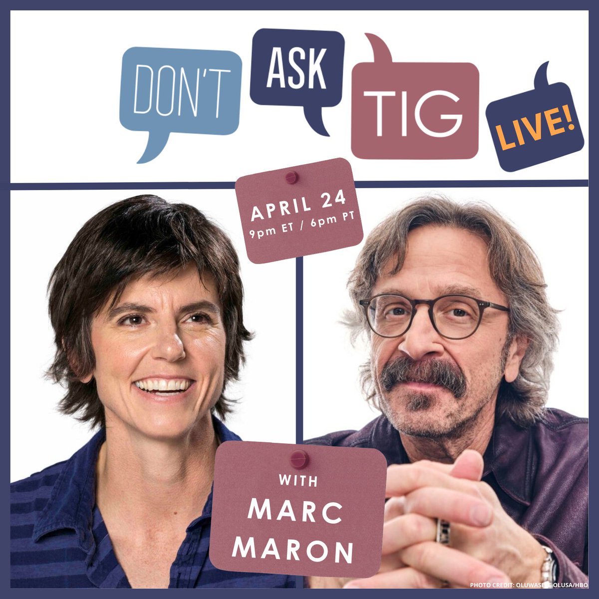 'We can’t promise good advice, but we can promise a good time.' Monday, April 24 at 8pCT, @TigNotaro will be joined by @marcmaron for a virtual/online LIVE @DontAskTig show from @AmPubMedia! Get your 🎟️ to experience their best inexpert advice LIVE. support.americanpublicmedia.org/dontasktig-eve…