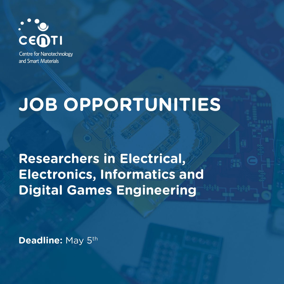 Don't miss #CeNTI's latest #JobOffers!
We are reinforcing the #SmartSystems department and looking for researchers in Electrical, Electronics, Informatics and Digital Games Engineering.
Send us your CV by May 5th (job advertisements in PT only): centi.pt/emprego