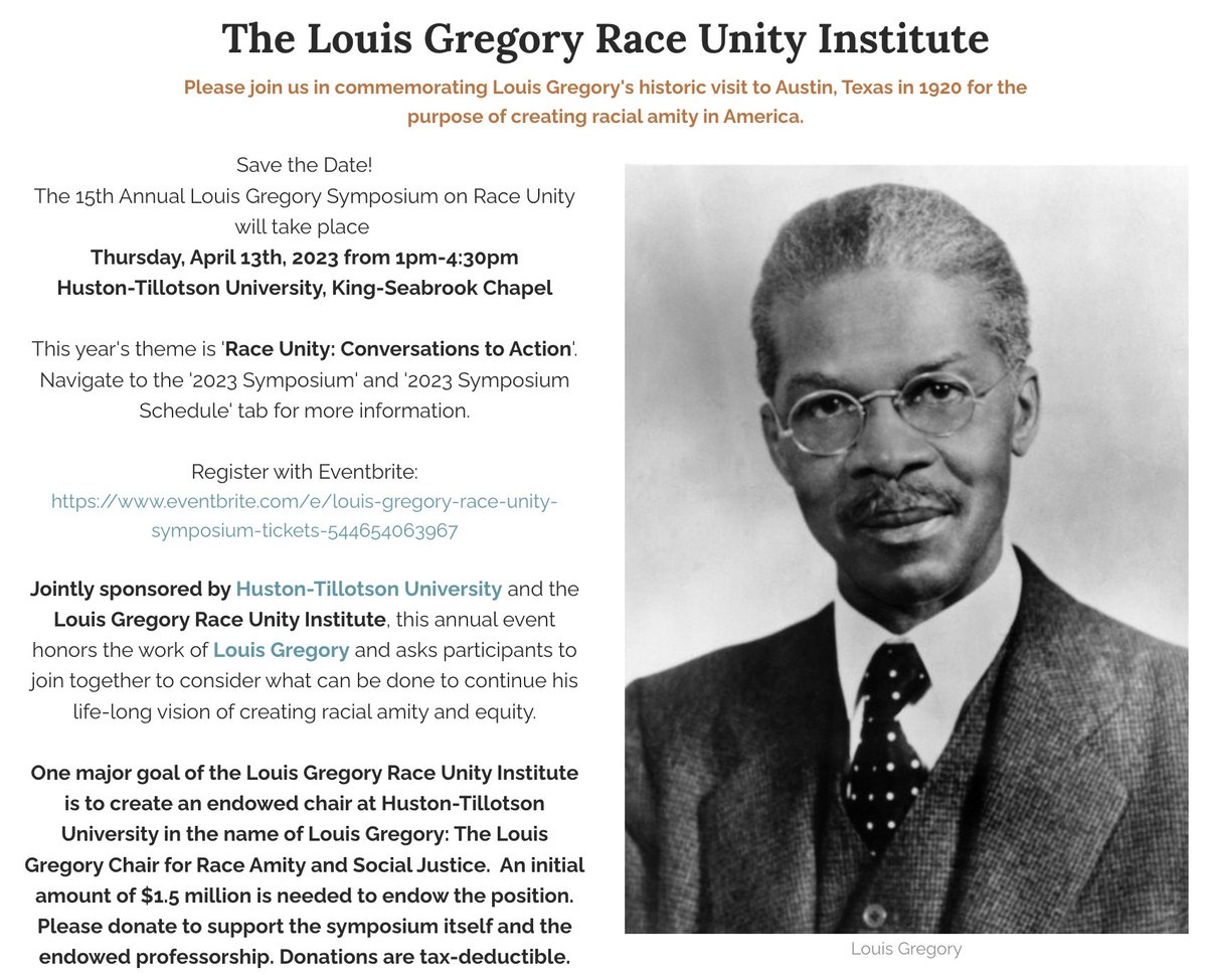 AustinBahai's tweet photo. Please join the Austin Bahá'i Community for the 
Louis Gregory Race Unity Institute on APRIL 13th at Huston-Tillotson University! We hope to see you there. #raceunity #bahai #louisgregory https://t.co/mIbVZzXanC https://t.co/Y0OuWX6EIv