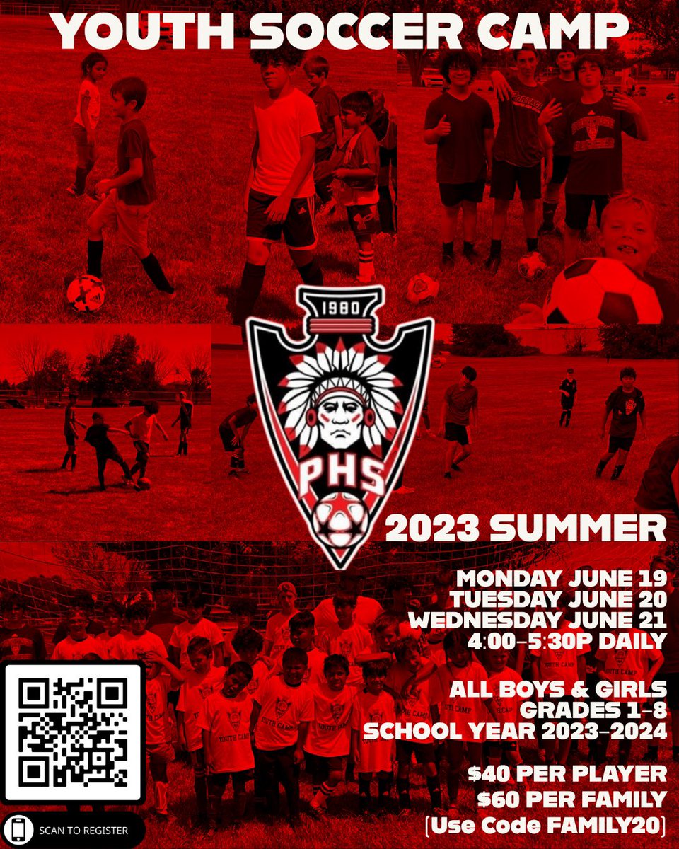 Excited to announce our annual summer youth camp! Use the QR code to register your youth soccer player! Any boys and girls in grades 1-8 next school year! Let us know if you have any questions!