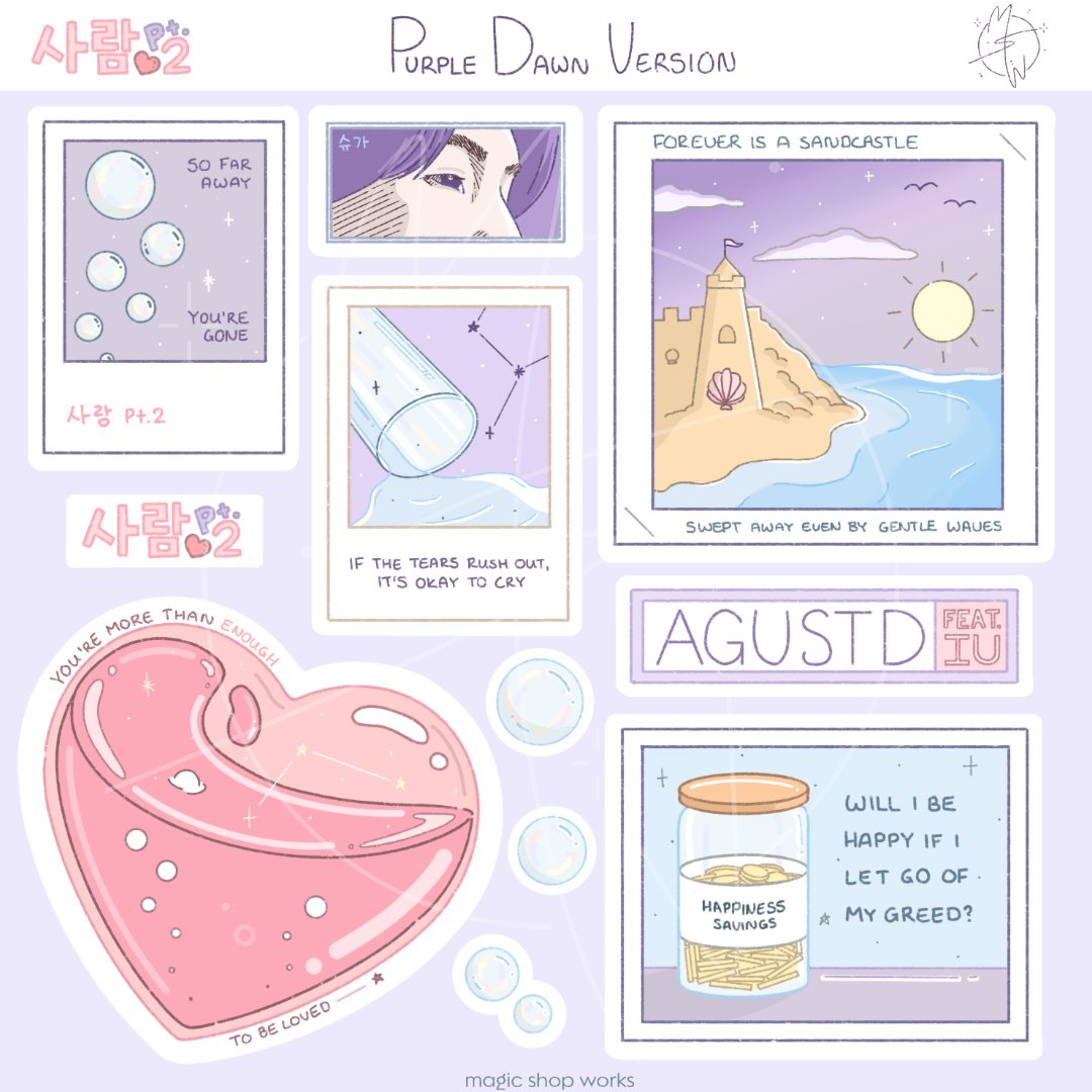 MagicShopWorks's tweet photo. Inspired by Agust D - People Pt 2 ft IU ✨️💜

Each design is inspired by a lyric and the colours are inspired by the MV, Eight and Tomorrow~ 

#BTS #BTSfanart #Yoongi #SUGA #BTSSUGA #AgustD #AgustDxIU #D_day #PeoplePt2 @BTS_twt https://t.co/FLMA2wXPVx