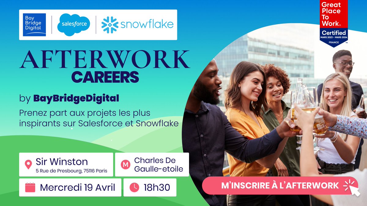 🚀 Rencontrez les experts les plus aguerris et partagez vos expériences lors d’un afterwork organisé par <a href="/BBridgeDigital/">BayBridgeDigital</a>, <a href="/salesforce/">Salesforce</a> et <a href="/SnowflakeDB/">SnowflakeDB</a> !

Inscrivez-vous 👉 : bit.ly/BBDXSalesforce…

#salesforce #recrutement #hiring #greatplacetowork #cv #evenement #afterwork