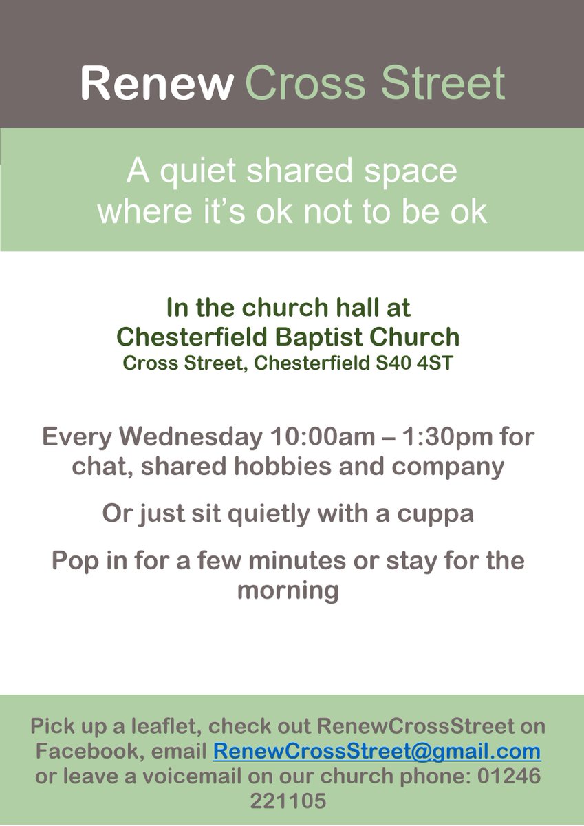 Our Chesterfield Carer Support Worker will be dropping in at the Renew Well being Café at Chesterfield Baptist Church,  Cross Street, Chesterfield S40 4ST 💜

📅 3rd May  10.30am -12.30am.

Come along to have a chat and find out what support is available to you! 💜