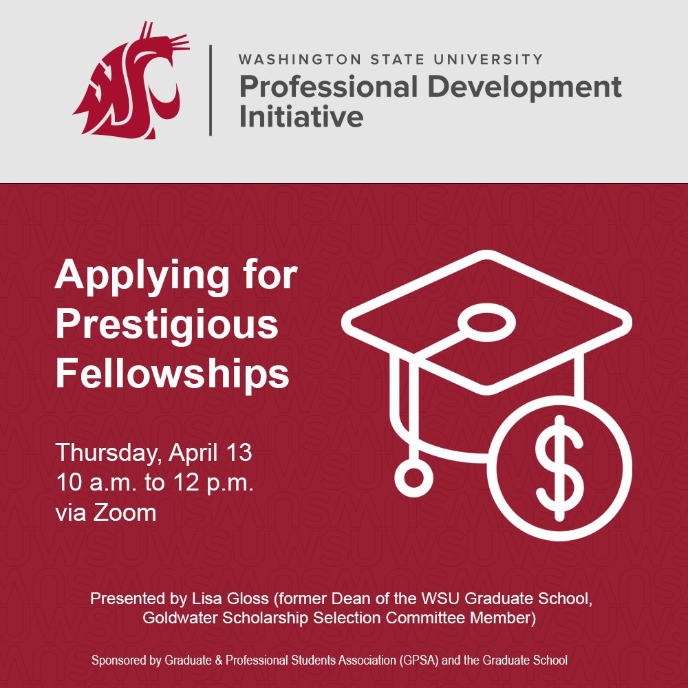 PDI Workshop on Thursday!  

 Learn about the process of applying for major prestigious fellowships. This workshop will discuss valuable approaches and skills needed to draft and then edit your work into competitive applications.

gradschool.wsu.edu/pdi/event/appl…