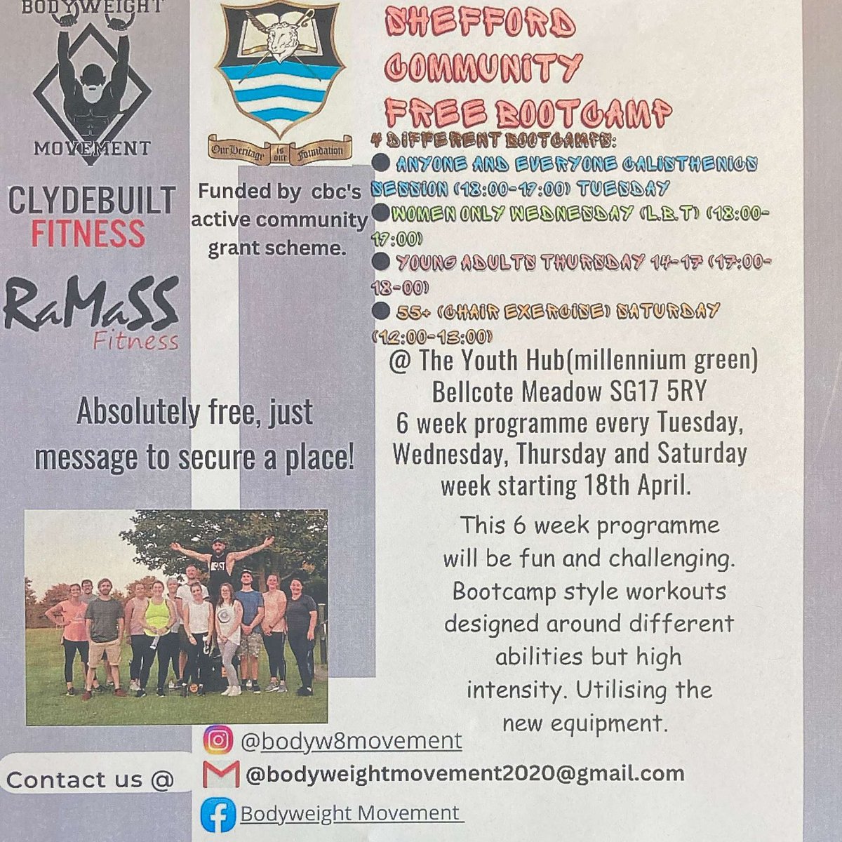 SheffordTC's tweet photo. SHEFFORD COMMUNITY FREE BOOTCAMP

ANYONE AND EVERYONE Calisthenics
Sessions
Tuesday (18:00-19:00) 

Women-only Sessions (LBT) 
Wednesday (18:00-19:00)

Young Adults (14-17) Sessions 
Thursday (17:00-18:00)

55+ Chair Exercises
Saturday (12:00-13:00) https://t.co/mEwh2HkUVT