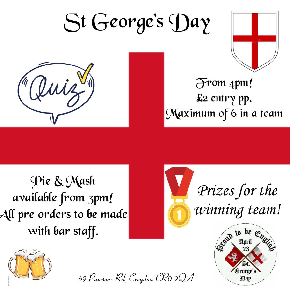 Come join us on #StGeorgesDay for a quiz 💡&amp; some food 🥧! 
#pubquiz #pieandmash #croydonpubs #StGeorgesDay #thorntonheathlocal #selhurst #pubquiznight #pubsoflondon