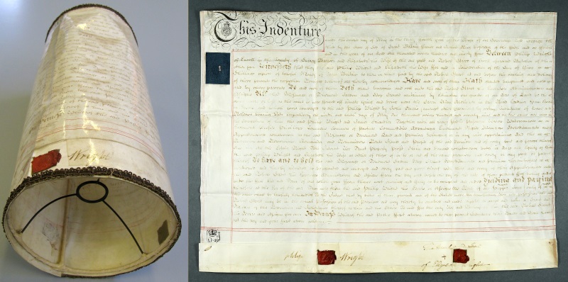 It came in as a lampshade but it was actually an 18th century deed and our amazing conservation team managed to return to its original condition. Now it’s available for everyone to see – no lightbulb required! (SHC ref 8636/1) bit.ly/3va6b7N #ConservationWin #Archive30