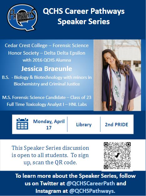 Currently one of the top careers of interest for students who visit the Pathways office, Forensic Science will be the topic with our next Career Speaker Series with <a href="/jess_braeunle/">Jess Braeunle</a>.  Make sure to sign up!
<a href="/qcsdnews/">QCSD News</a> <a href="/OfficialQCHS/">Quakertown Community High School</a> @BillHarner <a href="/michaelzackon/">Michael Zackon, Ed.D.</a>