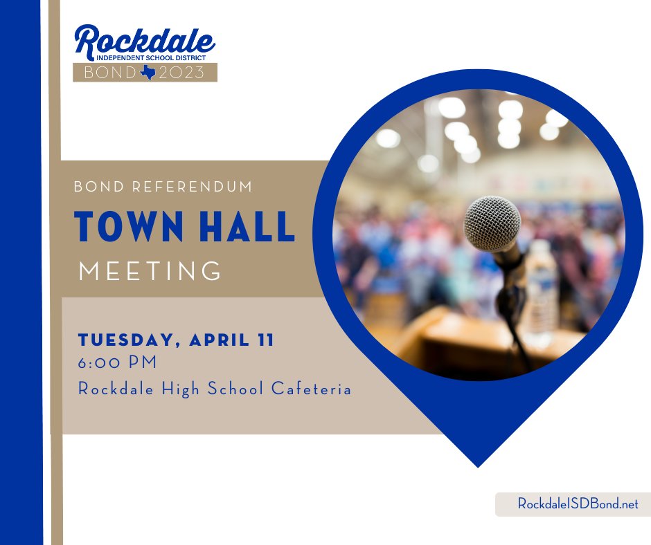 Reminder: Town Hall Meeting tonight - 6:00 PM at Rockdale High School. We will be discussing the Bond Referendum.

#berockdaleproud
#iheartrockdale
#becauserockdalekids