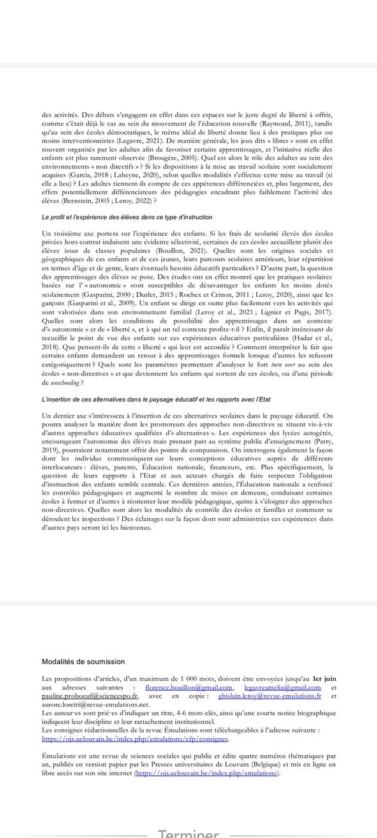"Une éducation plus "libre" ? Diffusion et déclinaisons des approches non directives dans l'espace social" = nouvel appel à articles de <a href="/Rev_Emulations/">Revue Émulations</a>, dossier cordonné par F. Bouillon, A. Legavre et <a href="/PProboeuf/">Pauline Proboeuf</a>. Propositions à envoyer pour le 1er juin !
