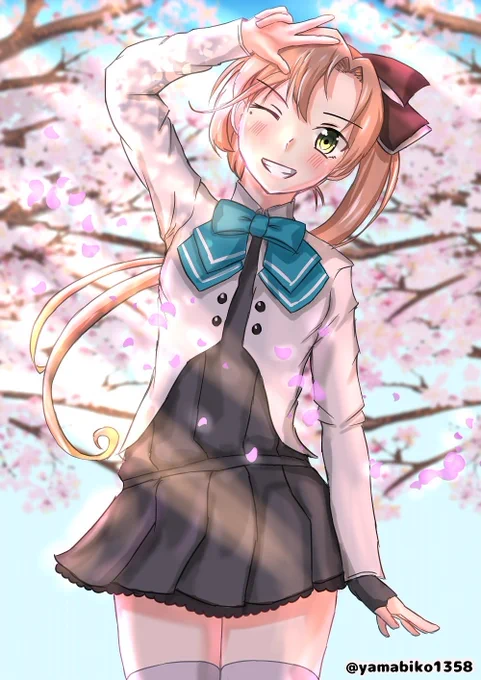 桜満開の朝で笑顔を見せる秋雲。徹夜明けで締切間に合ったのかな?#艦これ版深夜の真剣お絵描き60分一本勝負#艦これ版真剣お絵描き60分一本勝負_20230411#秋雲進水日 