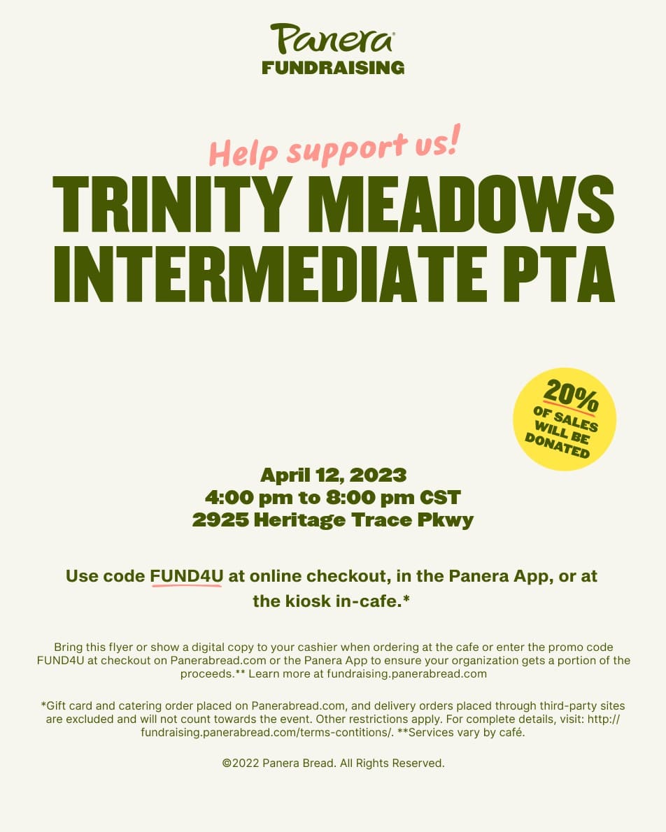 Hey Mustangs! 
Don't forget, tomorrow is Spirit Night at Panera 4-8pm.   Take a night off from cooking and support TMI PTA.  Use Code FUND4U online or at kiosk.